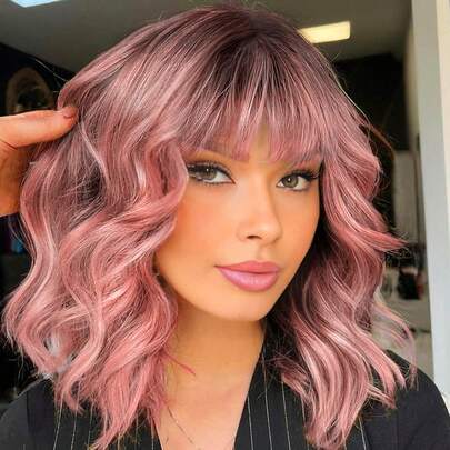 渐变粉色假发短卷发波波头假发，带刘海，14 英寸渐变色波浪发假发，深色发根，女士合成假发，适合日常派对使用