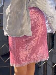 Women's Fashion Midi Skirts Sequins Lace Trim Low Waist Skirts Summer Fashion Bodycon Skirts Partywear - 粉色 - 查看 4