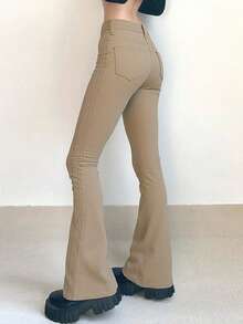 Women's Y2K Flared Jeans With Pockets, Autumn - Apricot - View 3