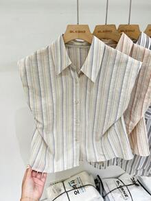 YUXIN 女士休闲条纹宽松短袖衬衫，夏季新款 - 藍色 - 查看 10