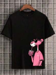 Camiseta larga oversize gola alta redonda mangas curtas estampa engraçada rosa animalzinho pantera bebendo suco oculos preto basica elegante casual dia dia academia treinar fitness promoção moderna masculina skate para trabalhar lisa confortável durável - Preto - Visão 1