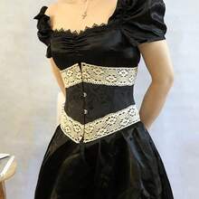 1 件女士 4 钩提花蕾丝束胸衣，系带束胸衣，适合日常穿着 - 黑色 - 查看 2