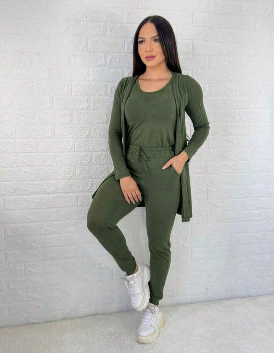 Woolen Cold Weather Set - 3 Piece Set Long Cardigan + Tank Top + Jogger Pants With Adjustable Waistband And Pockets Kimono Cardigan Moltetom Winter Stylish - Army Green - View 1