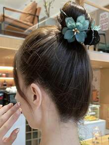 3个优雅3D立体花朵发夹 - 防滑香蕉夹，适用于丸子头和马尾辫，绿白花朵设计，金色点缀，百搭发饰，适合青少年，完美适用于休闲装扮和休闲派对，可爱发夹，女孩配饰，发饰，秋季，美发工具，女士配饰，美发用品，秋季，女士发饰，美容配饰 - 彩色 - 查看 5