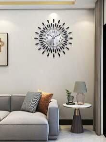 1 件 14 英寸/36 厘米安静铁艺花卉设计水钻装饰挂钟，简约风格电池供电铁艺奢华黑色挂钟，适用于客厅、卧室、入口、学校、办公室、乔迁礼物生日毕业