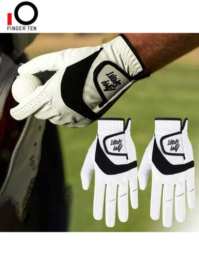 FINGER TEN Golf Gloves Men Left Hand Right 2 Packs Leather All Weather Grip Soft Breathable Flexible For Men