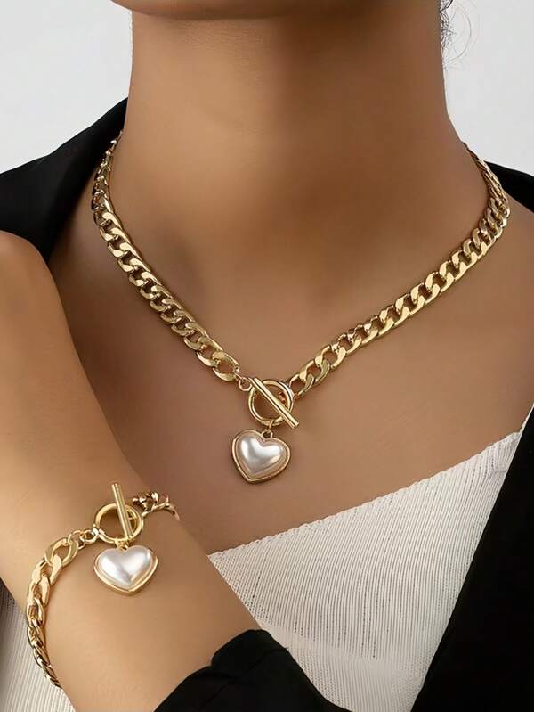 Set de 2 piezas de joyería: collar de cadena con corazón de perlas y pulsera, apto para vacaciones y tiempo libre, para mujeres