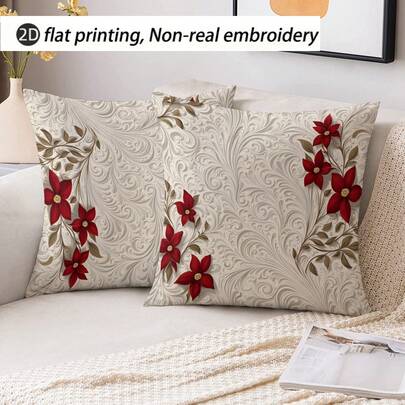 2 件现代花卉抱枕套，几何图案，红色花朵点缀，18x18 英寸，柔软短毛绒，拉链开合，可机洗，涤纶装饰靠垫套，适用于家庭和客厅装饰 - 无内衬