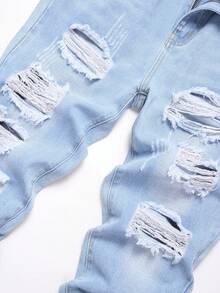 Teen Boys' Casual Elastic Ripped Denim Jeans, All Season - Light Wash - View 3