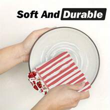 2pcs Set, Cartoon & Simple Striped Strawberry Kitchen Towel, Hand Towel, Polyester Dish Cloth, Soft Absorbent Drying Cloth, Kitchen & Cleaning Supplies, Bathroom Essentials