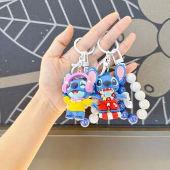 Disney 1pc Random Style Cartoon Stitch Pearl Chain Keychain, Heart Beads Couple Bag Charm, Car Key Ring Gift