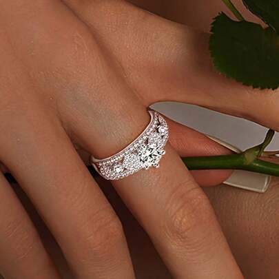 1 Peça Anel Geométrico Redondo de Zircônia Cúbica de Prata 925 Elegante e Versátil, Adequado para Feriados, Casamentos e Festas