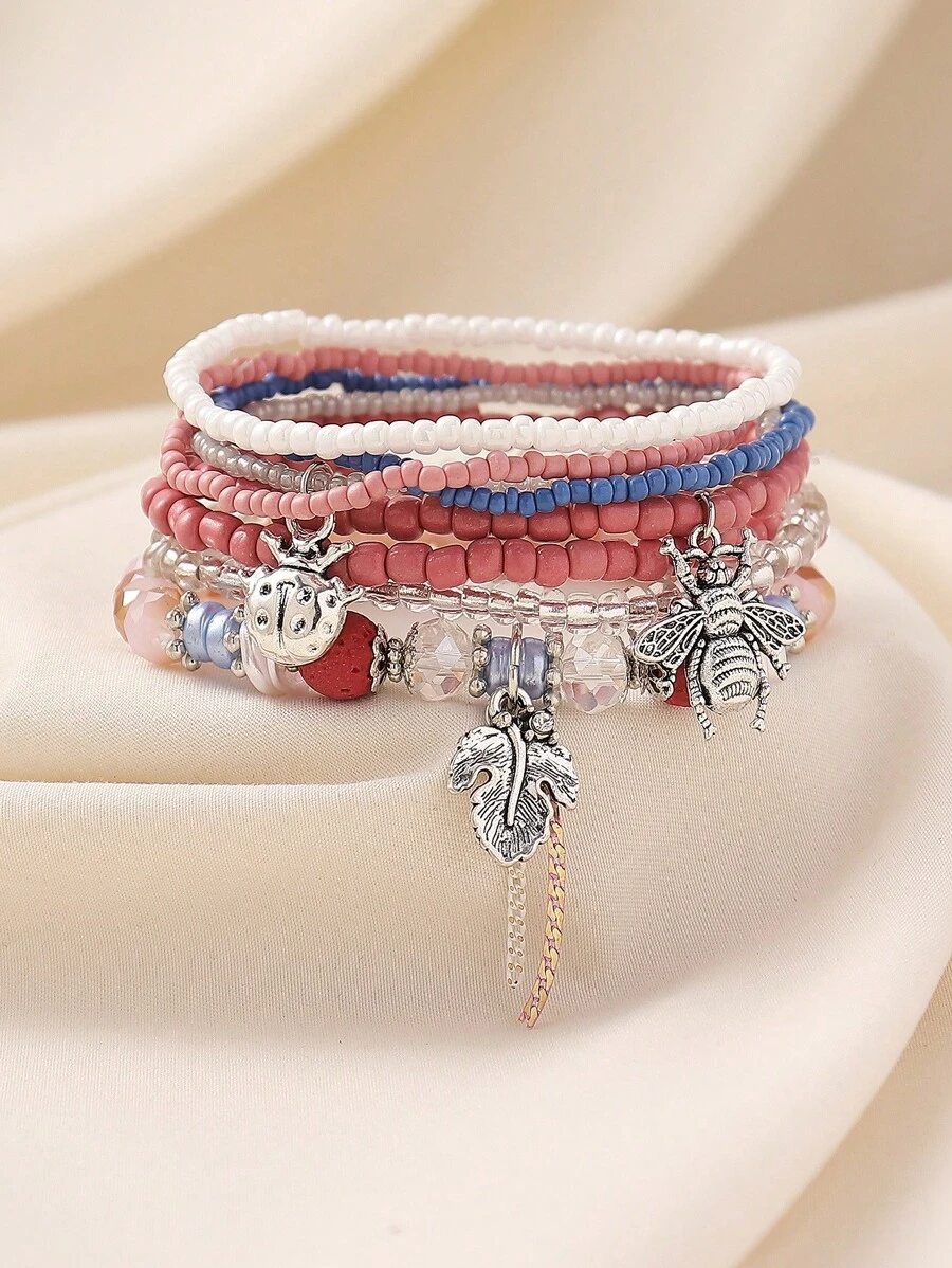 8 Stücke/Set Boho Marienkäfer, Bienen, Blatt, Insekten Perlen Armreifen, geeignet für Frauen im täglichen Bohème-Stil, Strandurlaubs-Style
