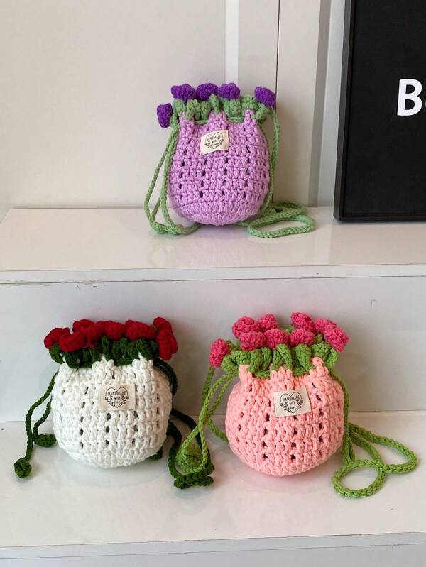 Borsa a tracolla a maglia donna bicolore, borsa a secchiello minimalista e traforata per uso all'aperto e per lo shopping