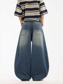 Hearty Haven 1pc Vintage Distressed Washed Denim Jeans Men's Floor-Length Casual Minimalist Loose Wide Leg Pants - No Belt & Accessories - Blue - View 7