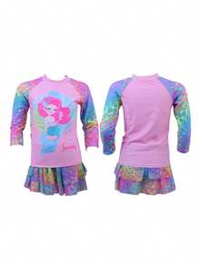 Traje de baño dividido de tres piezas adecuado para niñas medianas y grandes. Bikini elegante y dulce, ideal para vacacionar y nadar. Con patrones cartonísticos de sirenas. Traje de baño casual con diseño de mini - falda, camisa de baño con mangas largas y protección solar, conjunto de bikini. - Rosa - Ver 4