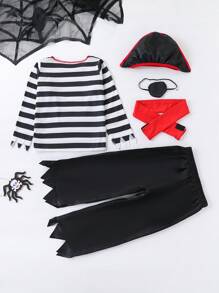 5pcs/Set Boys' Halloween Party Pirate Costume, Long Sleeve Striped Shirt + Pants - Black - View 2