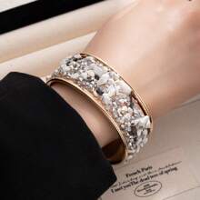 1pc Stainless Steel 18K Colored Crystal Bangle Bracelet For Women, Fashionable European & American Style Suitable For Party, Date, Office Wear