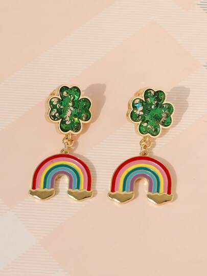 1 Pair St. Patrick's Day Green Four-Leaf Clover Exaggerated Earrings, Cute Rainbow Earrings Suitable For Women To Wear On Holidays And Dates