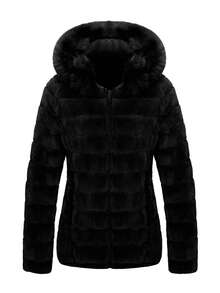 Risissida 优雅时尚：秋冬季双面女式羽绒服，配有人造毛皮和舒适帽子 - 黑色 - 查看 1