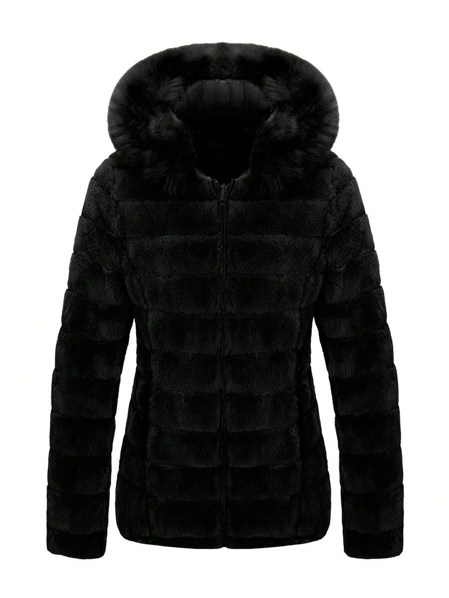Risissida 优雅时尚：秋冬季双面女式羽绒服，配有人造毛皮和舒适帽子 - 黑色 - 查看 1
