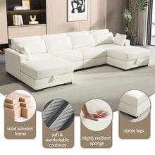 Convertible Corner Sofa, Freestanding L-Shaped Corner Sofa, Double Sofa, Single Sofa, Footrest With Storage Box, Upholstered Furniture, For Living Room, Bedroom, Outdoor, Corduroy, Beige - 米色 - 查看 7