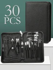 30 件经典美甲和修脚套装，含不锈钢指甲钳、角质层钳、镊子、指甲锉、凹形刀片边缘 - 无香型手部、足部、面部护理工具，PU 皮盒包装