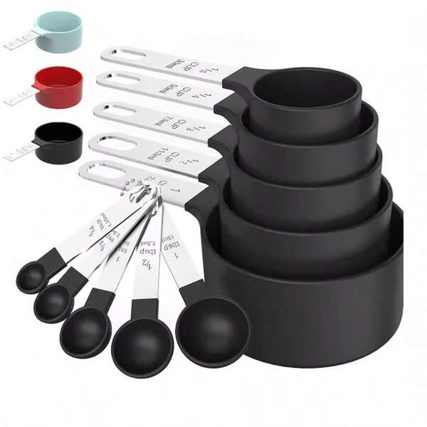 Set de 10 piezas de tazas y cucharas medidoras de acero inoxidable y plástico, tazas medidoras apilables con mangos de acero inoxidable, herramientas de cocina y hornear