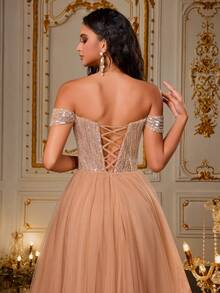 VIPGIRL Champagne Sequin Off Shoulder Corset Tulle Gown With High Slit, Elegant Princess Style Long Formal Evening Dress, Luxury Prom Dresses For Women, Gala Wedding Guest Outfit, Bridesmaid Gown - Camel - View 8