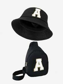 2pcs/Set Kids Letter Print Bucket Hat And Shoulder Crossbody Bag, Stylish And Minimalist, Suitable For Boys And Girls Outdoor Wear, Spring/Summer - Black - View 22