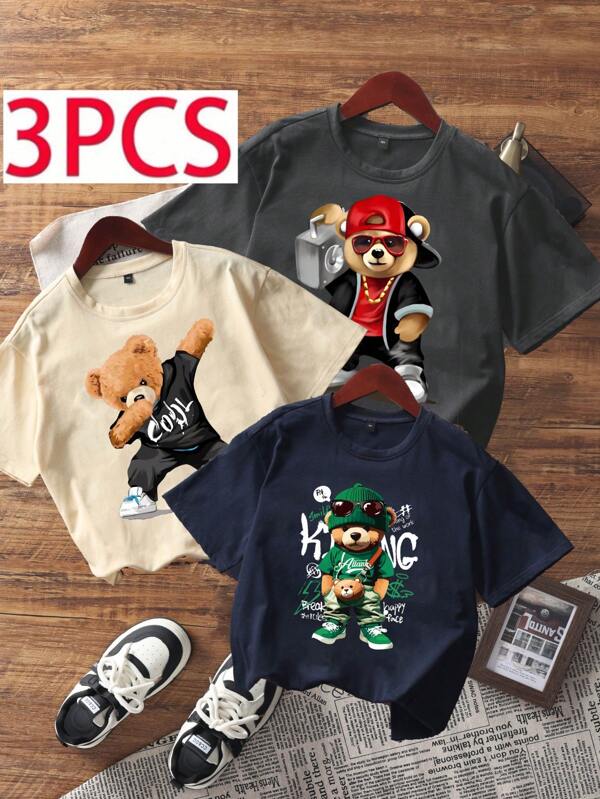 3pcs/Set Tween Boys' Printed Short Sleeve T-Shirts, Sporty Tees For Young Male Students, Summer Outfits