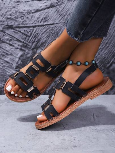 Sandali piatti da donna - Design con bottone e cinturino elastico, sandali infradito piatti bianchi stampati, infradito scivolanti, ciabatte aperte monocromo antiscivolo per interni ed esterni