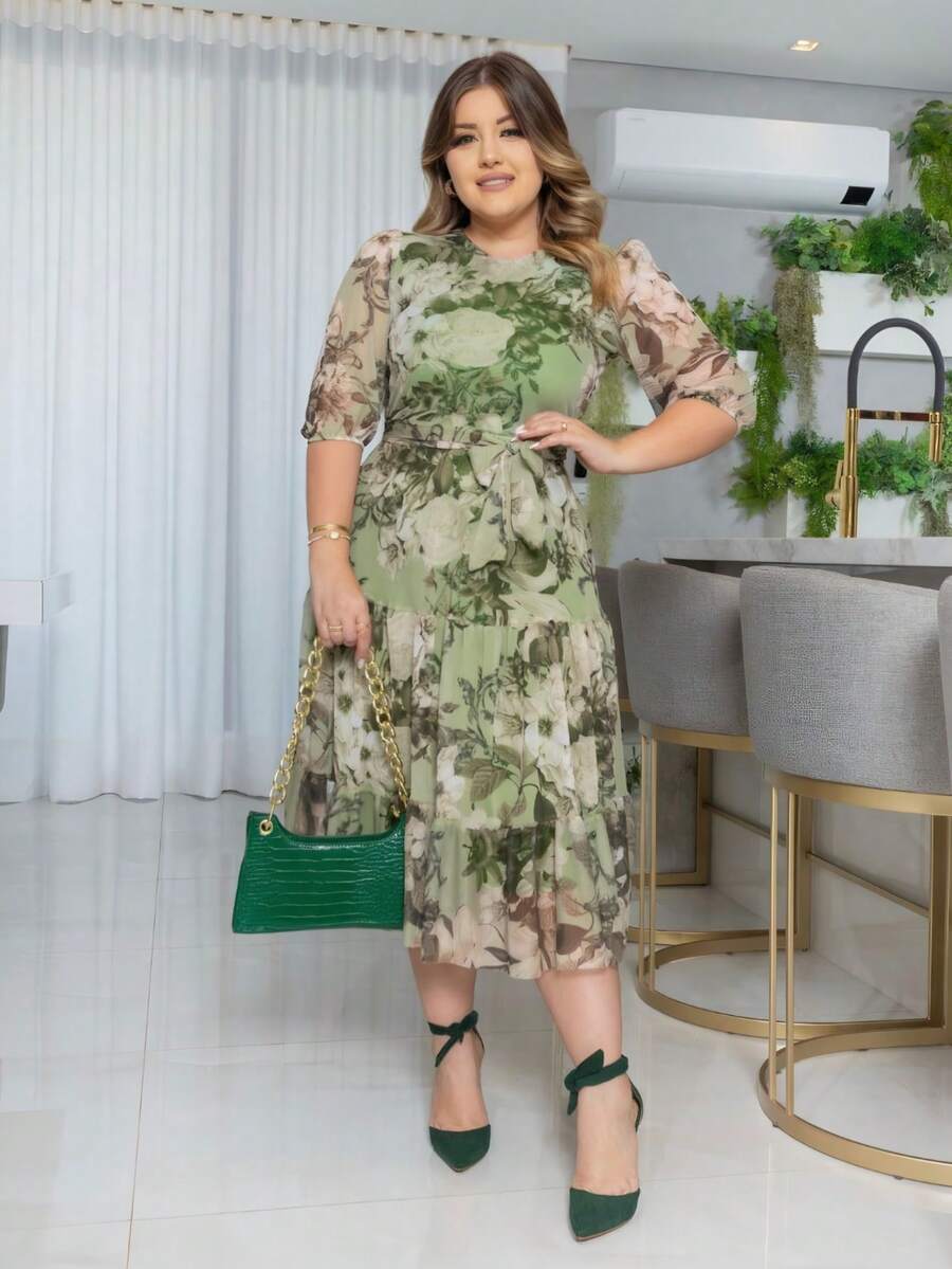 Plus Size Midi Dress Tulle Mesh Three Marias Evangelical Fashion Party Events Santa Modas - Xanh-Hoa - Xem 1
