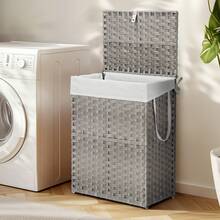 90-Litre Breathable, Sturdy, Hand-Woven PP Rattan Laundry Basket With Lid, Dividers And Handles, Foldable, Removable Lining, Available In Grey Or Yellow, Suitable For Bathroom Storage, Laundry Room Or Bedroom. - 灰色 - 查看 2