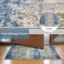 Modern Stain-Resistant Indoor/Outdoor Rug, Large Washable Rug With Non-Slip Backing, Non-Shedding Soft Abstract Carpet For Dining Room, Gold Blue, Multiple Size Options - Màu xanh lam - Xem 3