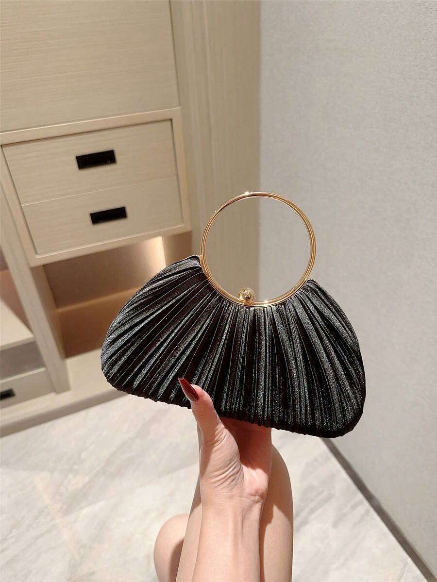 1 件女士优雅褶皱盒式手拿包，奢华闪亮手链手柄正式派对手提包，迷人精致的晚宴包适合约会、舞会、生日派对、夜间聚会 - 黑色 - 查看 1