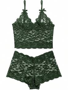 Floral Lace Lingerie Set High Waist Sleepwear Bra And Panty 2 Piece Nightwear 2025 Back-To-School Season Fall Pjs - 領結 軍綠色 - 查看 4
