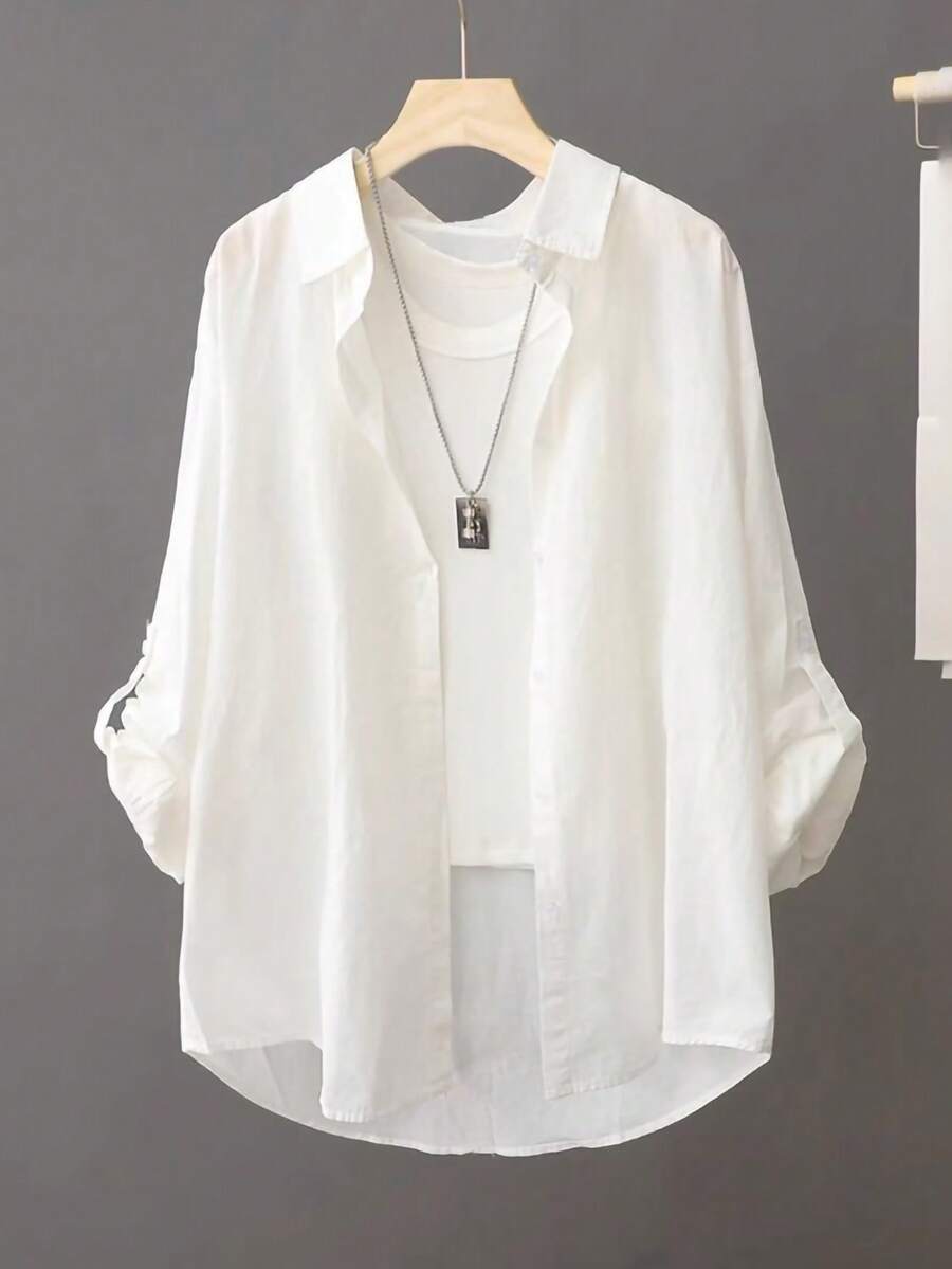 女士轻薄防晒卷边长袖衬衫 - 白色 - 查看 1