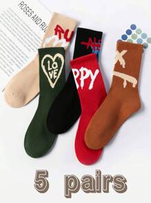 5 Pairs Unisex Mixed Color Graffiti Letter Mid-Calf Socks, Fashionable Casual Sports Socks For Daily Wear