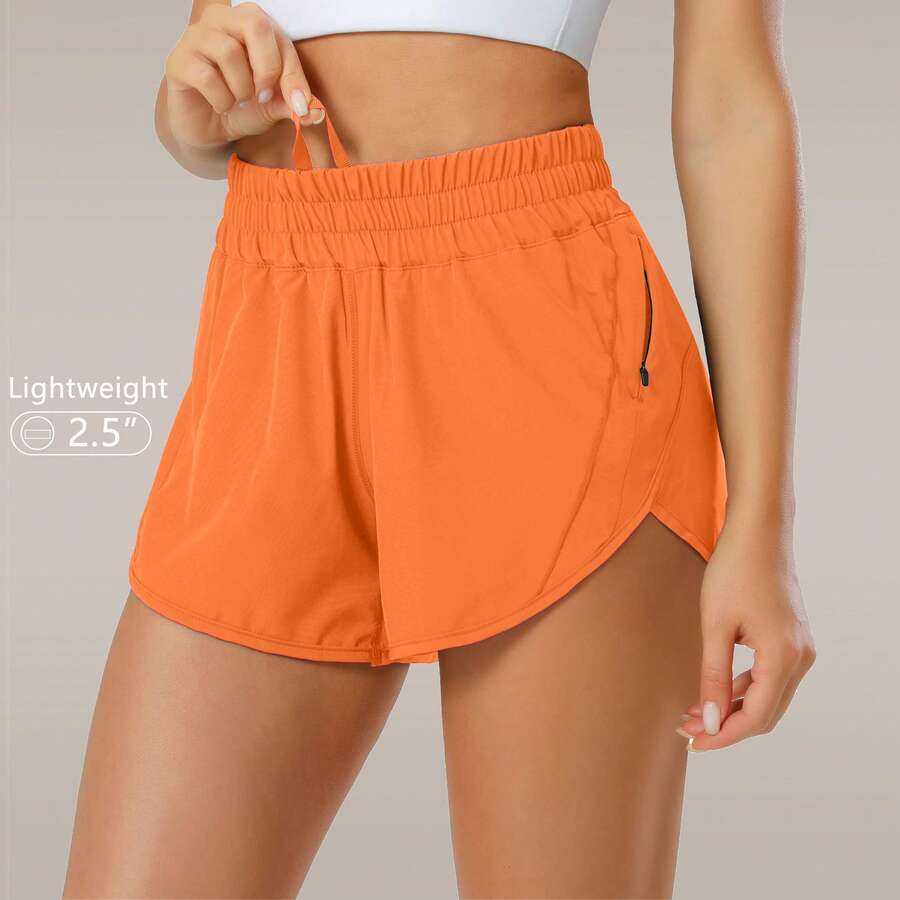 Women Athletic Shorts Quick Dry Lightweight 2.5'' High Rise Running & Gym & Workout Shorts With Liner Elastic And Zip Pockets - Orange - View 1