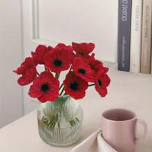 9Pcs Artificial Poppy Flowers, Red Artificial Poppy PU Fake Flowers, Red Fake Wild Flowers, Home Decoration Table Centerpiece Flower Arrangementfor DIY Handmade Office Flower Arrangement Wedding Photography Party Home Decoration Gift