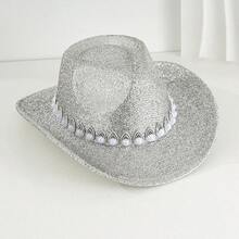 Women Cowgirl Hat, Glitter Soft Wide Brim Hat Pearled Western Hat For Club Party - Bạc - Xem 3