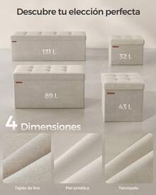 Puff Almacenaje, Baúl de Almacenaje Plegable, 38 x 110 x 38 cm, Taburete Reposapiés, Banco de Cubo, Soporta hasta 300 kg, para Sala de Estar, Dormitorio, Entrada, Blanco Crema - Blanco - Ver 3