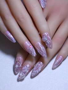 魔法海水母和美人鱼尾巴手绘指甲装饰 100% 手工制作四季指甲法式光泽闪光紫色指甲设计手工指甲 10 片杏仁假指甲可重复使用美甲产品快速使用