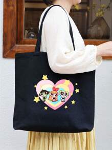 THE POWERPUFF GIRLS Cartoon Superhero Policewoman Minimalist & Stylish Canvas Shoulder Tote Bag, Casual Large Capacity Daily Work Commute Foldable Shopping Handbag