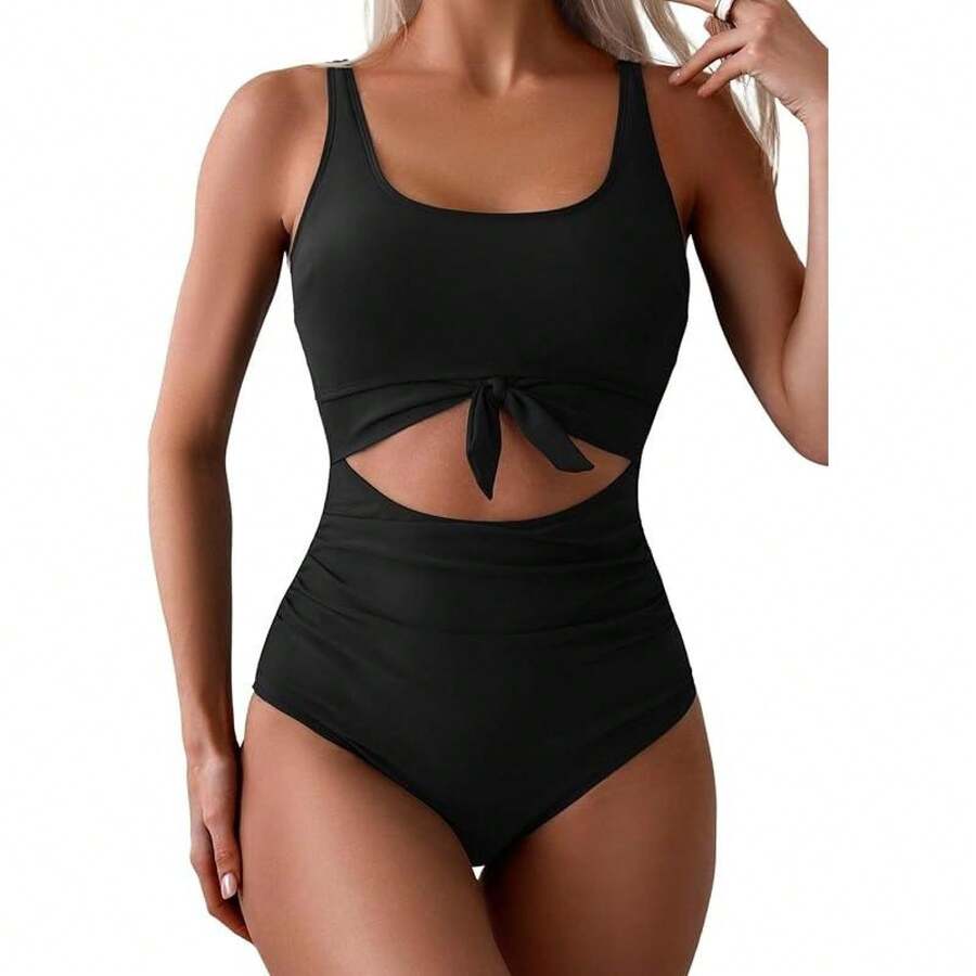 Women's One Piece Swimsuit Tummy Control Slimming Bathing Suit Cutout Tie Knot Swimwear - Black - View 1