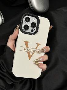 Fashionable Korea Soft Faux Leather Laser Engraving Big Letter Personalized Customized Initials Name Phone Case Compatible With IPhone 17 16 15 14 13 12 11 Pro Max 17 Air DIY Engraved Gift Cover 16 15 14 13 Pro Max Plus - White - View 4