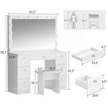 VOWNER 44" Modern Vanity Desk With Lighted Mirror, Makeup Vanity Table With Power Outlet, Glass Top, 14 Bulbs Mirror 3 Color & Brightness Adjustable, 7 Drawers For Storage, Bedroom Vanity Set For Girls Women, Gifts For Christmas - 查看 7