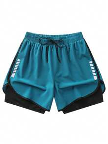 Set de 3 pantalones cortos deportivos de doble capa con forro, capa exterior suelta y capa interior ajustada, transpirables y de secado rápido, adecuados para correr, hacer ejercicio y uso casual en verano - Multicolor - Ver 2