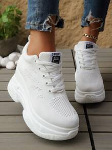 2025 Best Selling Lace-Up Thick Sole Platform Wedge Knit Breathable Women Casual Sports Sneakers, Versatile All Season